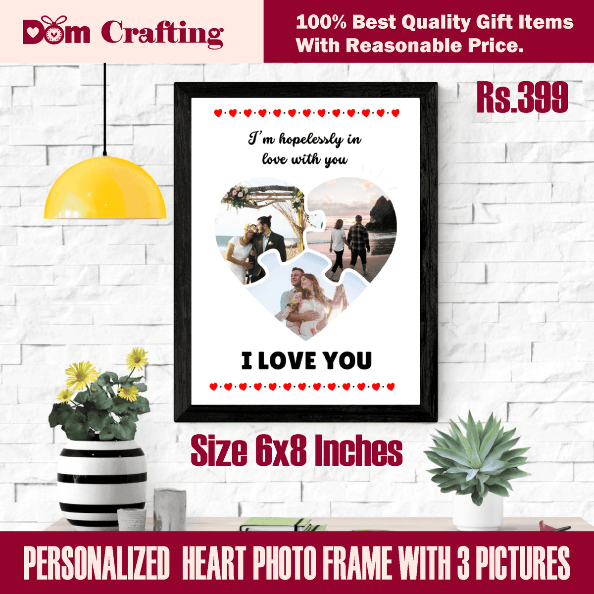PERSONALIZED HEART PHOTO FRAME WITH 3 PICTURES - Dom Crafting