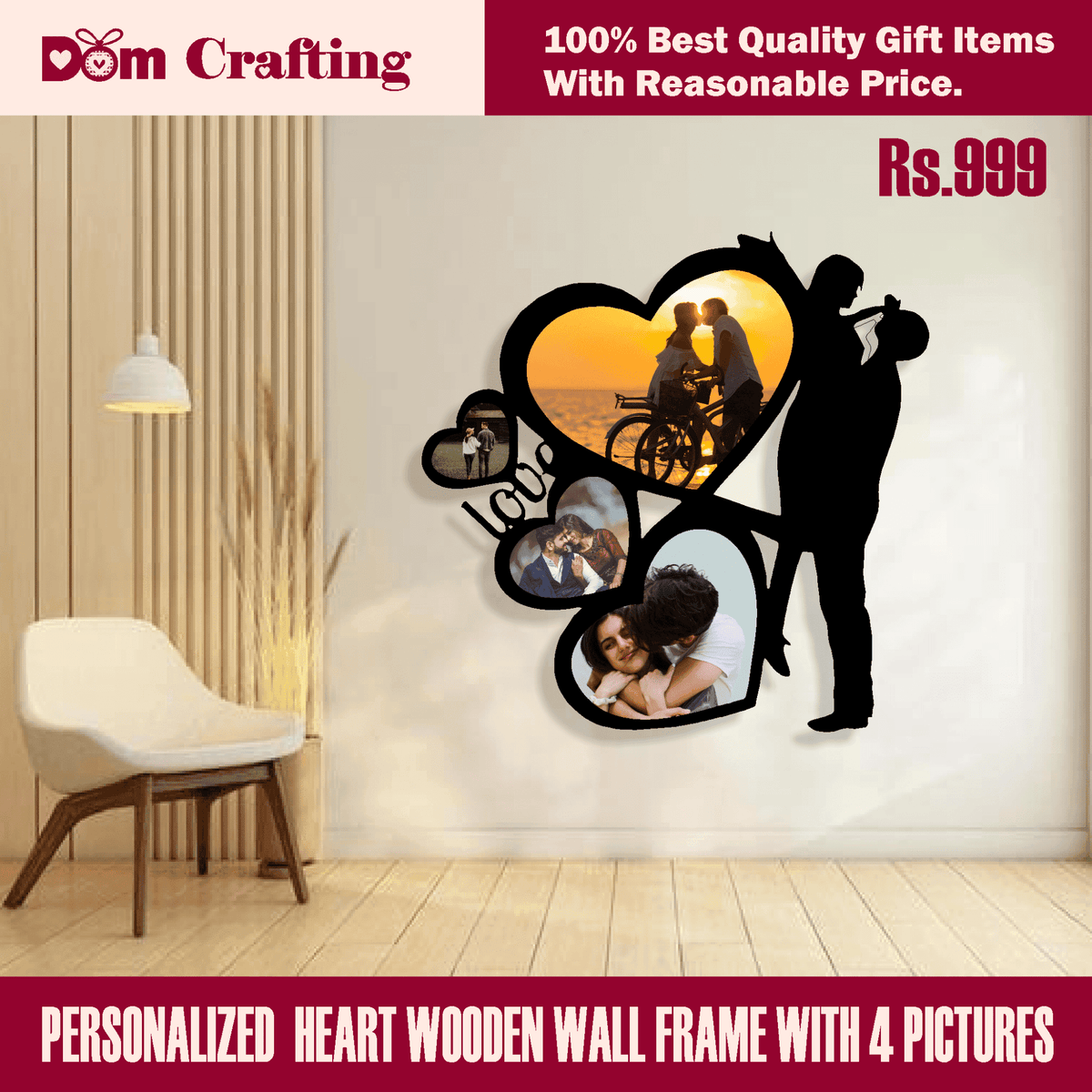 PERSONALIZED HEART WOODEN WALL FRAME WITH 4 PICTURES - Dom Crafting