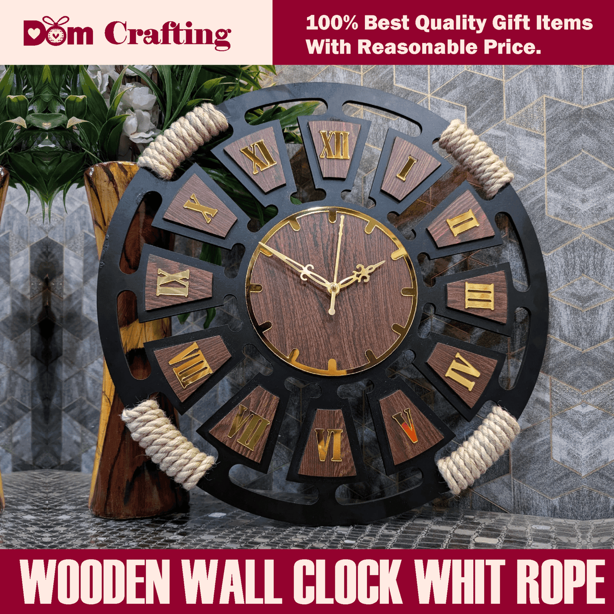 WOODEN WALL CLOCK WHIT ROPE - Dom Crafting